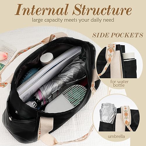 Welltop Bolsas tote bag para mujeres bolsas de nylon para mujeres con bolsas negras impermeables con cremallera bolsos de hombro de gran capacidad para el trabajo escolar viajes de compras