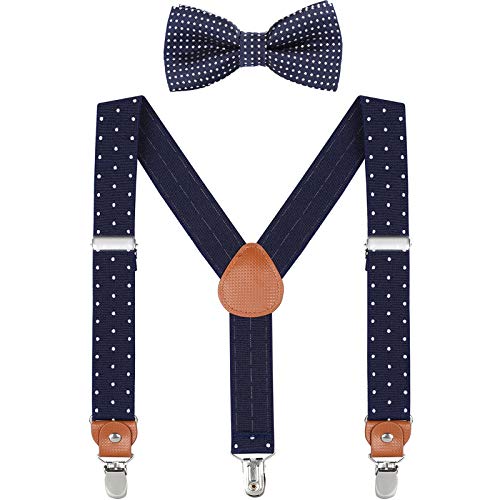 WELROG Niños Tirantes Conjuntos de pajarita - Tirantes ajustables en forma de Y con Pajaritas (Azul marino& Puntos blancos+Azul marino Punto de onda corbata de moño, 70cm (3 ans - 9 ans))