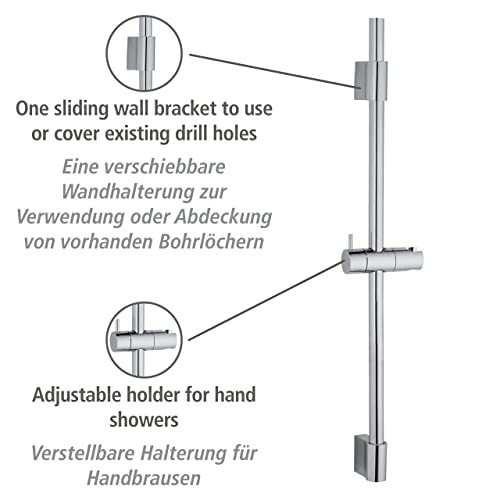 WENKO Barra de ducha Classic, barra para ducha o bañera de acero inoxidable con soporte para ducha de mano y soporte de pared móvil, dimensiones (An./P x Al): Ø 2,2 x 70 cm, cromo