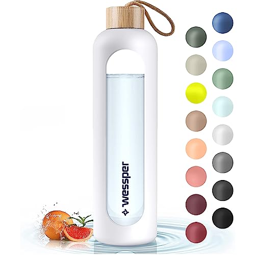 Wessper Botella de Cristal, Botella Agua Motivacional, Con Marcas de Tiempo, Vidrio de borosilicato Con Tapa de Bambú, Sin Fugas, para Deporte, Camping, para Niños y Adultos 1L – Blanco
