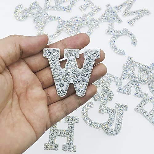 Woohome Patch Sticker Parches de Plancha de Letras, Apliques de Letras Diamantes de Imitación A-Z Parche Termoadhesivo para Ropa, Mochila, Gorras, Falda, Blanco