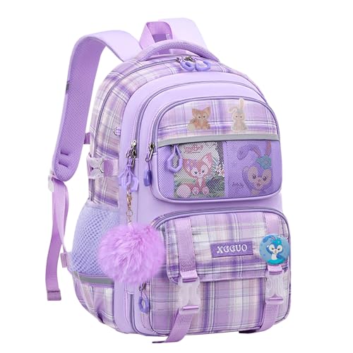 WYCY Mochila para Niñas Moda Refrigerador Puerta Mochila Escolar Gran Capacidad Kawaii Mochila Escolar con Lindos Colgantes de Unicornio y Mochila Impermeable para Niñas (cuadros morados)