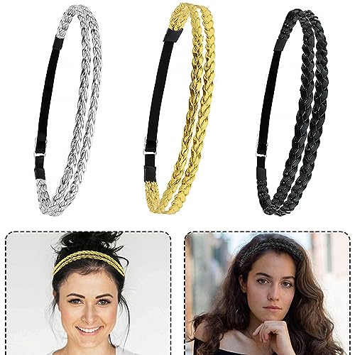 XPEX 3 Piezas De Diademas Elásticas Trenzadas para Mujer Diademas Elásticas De Cuero De Doble Capa Trenzadas Antideslizantes para Mujer Diademas Elásticas para Mujer