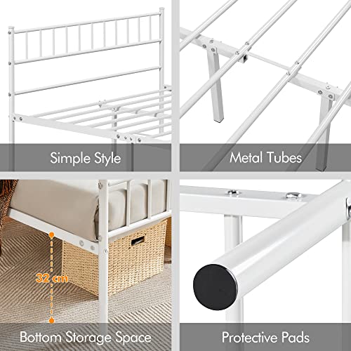 Yaheetech 135 x 190 cm Cama Individual Doble de Metal para Adultos Gran Espacio Moderna Lamas Blanco