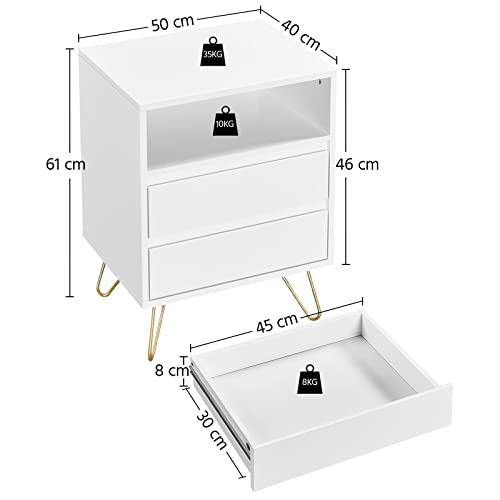 Yaheetech 2 Piezas Mesitas de Noche con Dos Cajones Grandes Mesilla de Noche para Dormitorio Mesa Auxiliar de MDF y Hierro, 50 x 40 x 61 cm, Color Blanco