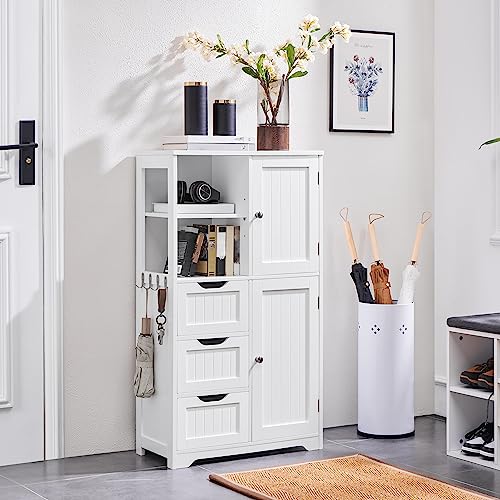 Yaheetech Mueble Baño de Madera Armario Baño con 3 Cajones y Estante Ajustable Armario Multiusos con Puertas para Salón Entrada Blanco 60x30x107 cm