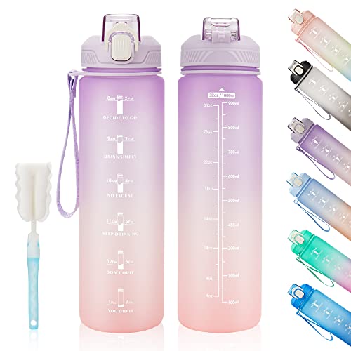 YC Kitchen Botella Agua Motivacional de 1 Litro para beber, a prueba de fugas y no BPA, Botella Deportiva para Niños con correa de paja y transporte