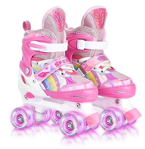YUDOXN Patines 4 Ruedas, Patines Roller Ajustables,Patines Paralelos con Ruedas Luminosas de Malla Transpirable para Niñas, Niños y Principiantes Tamaño 31-42. (JK-Pink, S)
