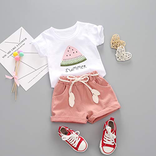 YWLINK Verano Mezcla De AlgodóN Conjunto De Manga Corta De SandíA, Manga Corta De SandíA Camiseta Estampada+Pantalones Cortos De Color Liso +Cuerda Decorativa 1-4 AñOs De Edad Bautizo