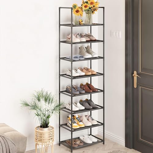 Zapatero Metálico de 8 Baldas Organiza tus Zapatos con Estilo y Eficiencia Estantes de Tela Capacidad para 16-20 Pares Diseño Abierto y Estrecho Estructura Robusta de Metal Dimensiones 46x28x145 cm