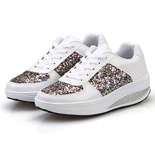 Zapatillas Deportivas de Mujer Gimnasio con Lentejuelas Cuña Zapatos para Caminar Aptitud Plataforma Sneakers con Cordones Calzado de Tacón 4.5cm riou