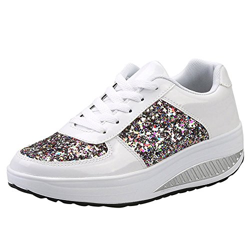 Zapatillas Deportivas de Mujer Gimnasio con Lentejuelas Cuña Zapatos para Caminar Aptitud Plataforma Sneakers con Cordones Calzado de Tacón 4.5cm riou