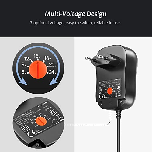 Zolt 41W Adaptador de Corriente Universal 6V 9V 12V 15V 18V 20V 24V 1A 1.5A 2A Fuente de Alimentación AC DC con Puerto USB 5V 1A y 10 Enchufes DC para Electrónica