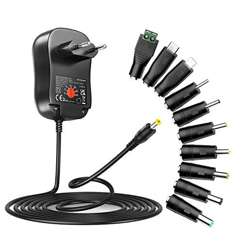 Zolt 41W Adaptador de Corriente Universal 6V 9V 12V 15V 18V 20V 24V 1A 1.5A 2A Fuente de Alimentación AC DC con Puerto USB 5V 1A y 10 Enchufes DC para Electrónica