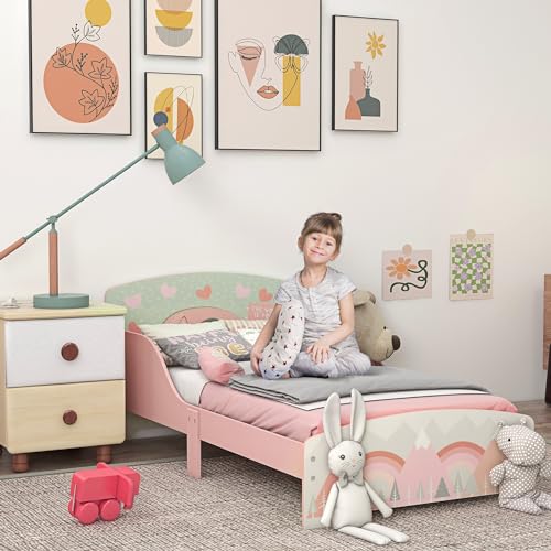 ZONEKIZ Cama Infantil de Madera 143x77x60 cm Cama para Niños de 3-6 Años con Barreras de Protección y Estampados Carga Máx. 40 kg Mueble de Dormitorio Moderno Rosa