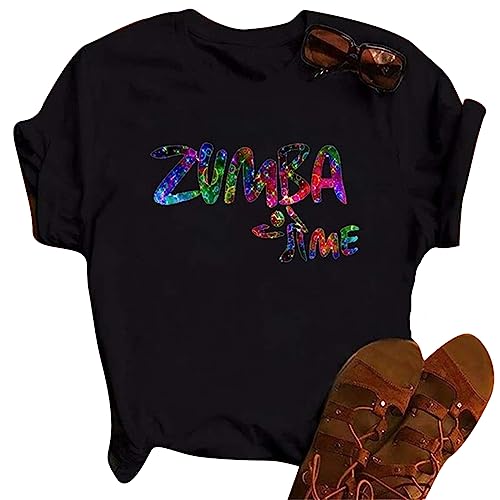 Zumba para Mujer Camiseta atlética Corte Suelto Baile Ropa Fitness Mujeres Top Entrenamiento gráfico Tees Crew Cuello Manga Corta Negro